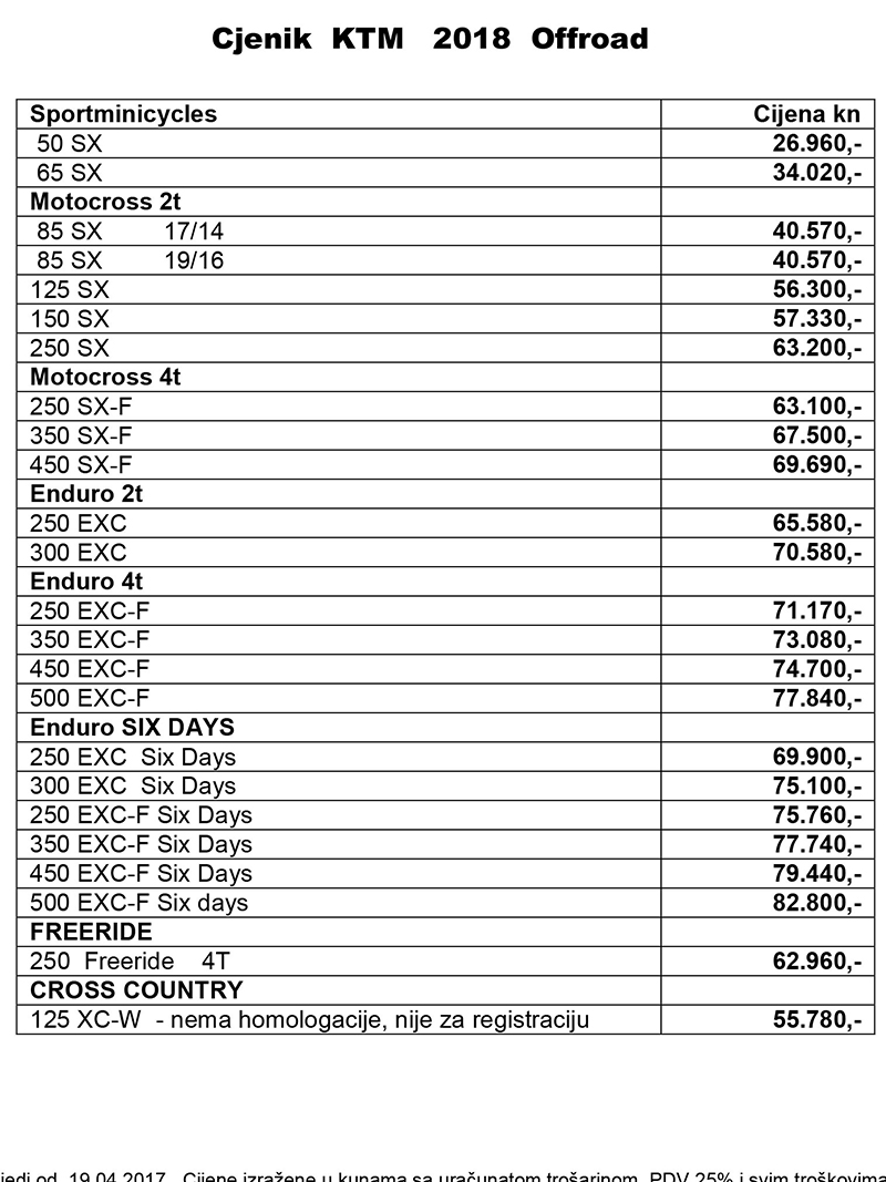 2018 Cjenik KTM Offroad